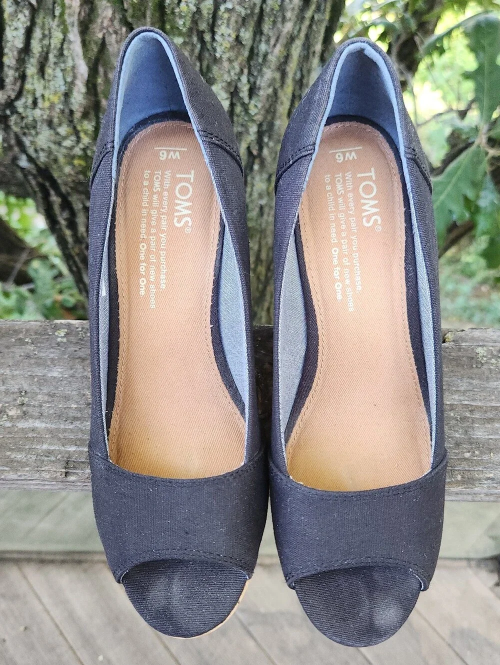 TOMS Black Open-Toe Wedge Espadrilles